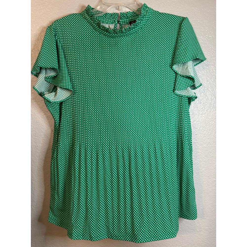 Adrianna Papell Green Polka Dot Ruffle Sleeve Mock Neck Blouse Women's Size L